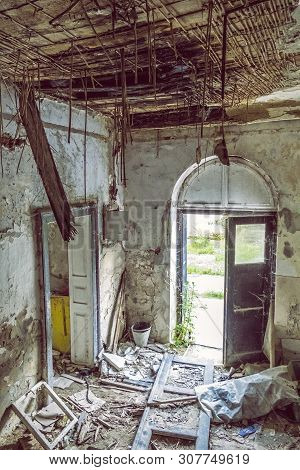 Interior Of Abandoned House In Korytnica Spa, Slovak Republic. Urbex Style.