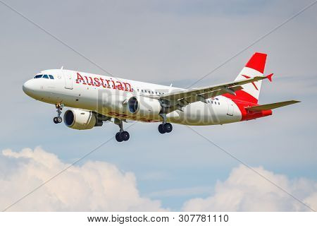 Moscow, Russia - June 21, 2019: Aircraft Airbus A320-214 Oe-lbp Of Austrian Airlines Landing At Domo