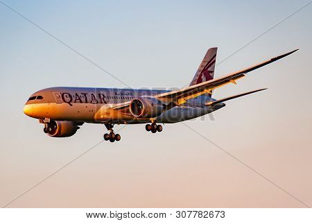 Moscow, Russia - June 20, 2019: Aircraft Boeing 787-8 Dreamliner A7-bcu Of Qatar Airways Landing At 