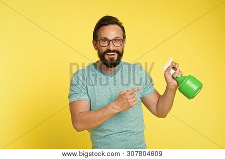 Householding. Single Man With Spray Bottle. Bearded Man. Mature Hipster With Beard. Facial Care. Mal