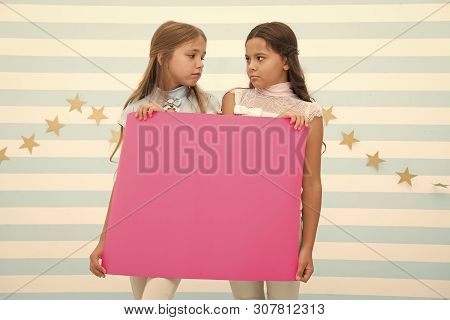 Disappointing News. Girl Hold Announcement Banner. Girls Kids Holding Paper Banner For Announcement.