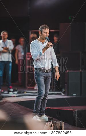 Lviv, Ukraine - June 18, 2019: Vakarchuk At Stage Talking In Microphone. Political
