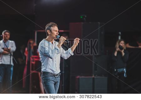 Lviv, Ukraine - June 18, 2019: Vakarchuk At Stage Talking In Microphone. Political