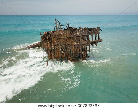 Old Rusty Ship Wreck In The Middle Of The Sea, Next To Limmasol, Ciprus