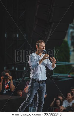 Lviv, Ukraine - June 18, 2019: Vakarchuk At Stage Talking In Microphone. Political