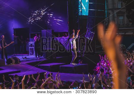 Lviv, Ukraine - June 18, 2019: Svyatoslav Vakarchuk Ukrainian Rock Singer At Stage. Music Fest