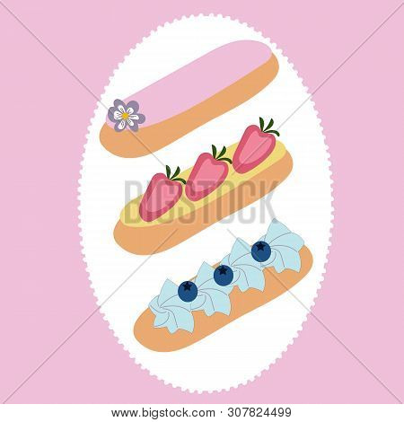 Set Of Vector Files With Belgium Eclair Pastries In Different Flavors, On A White And Pink Backgroun