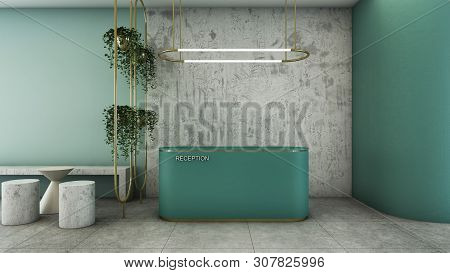 Reception Shop Design Modern & Loft Green Counter,gold Metal Light Pendant, Wall Green Pastel Color,