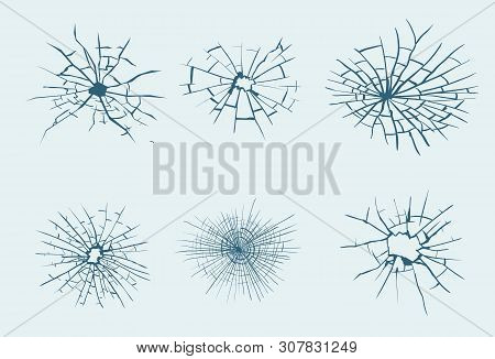 Broken Glass, Cracks, Bullet Marks On Glass. High Resolution. Vector Illustration. Texture Glass Wit