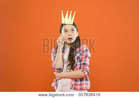 Im A Big Boss Here. Little Big Boss On Orange Background. Cute Girl Boss Wearing Prop Crown. Small H