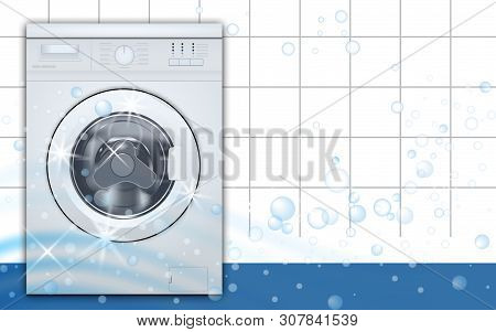 Washing Machine Front Loading In Empty Laundry Room Background. 3d Realistic Vector Illustration. Fr