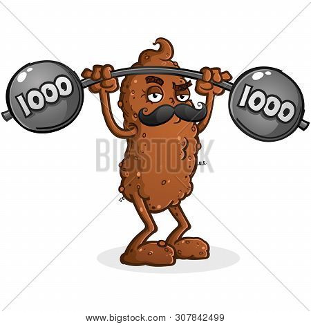 A Tough And Jolly Poop Vector Cartoon Character Lifting A Heavy Barbell Sporting A Handlebar Mustach