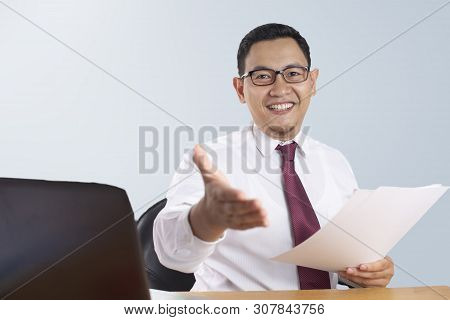 Portrait Of Successful Asian Businessman Offers Hand Shake, Deal Partnership Agreeement Concept, Sel