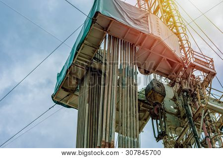 Drilling Rig In Oil Field For Drilled Into Subsurface In Order To Produced Crude. Petroleum Industry