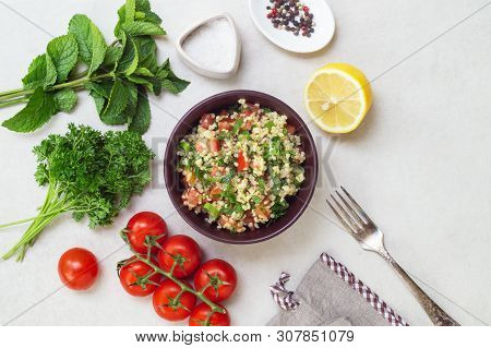 Lebanese Traditional Salad Taboule Soaked Bulgur And Ingredients