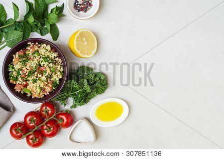 Lebanese Traditional Salad Taboule Soaked Bulgur And Ingredients