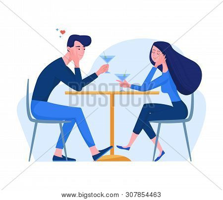 Man And Woman Characters In Flat Style Sitting In The Cafe Drinks Coctails. Couple In Love Holding M