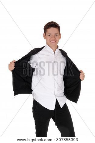 A Lovely Young Teenager Boy Standing In The Studio, Smiling, Holding
His Black Jacket Open, Whit A W