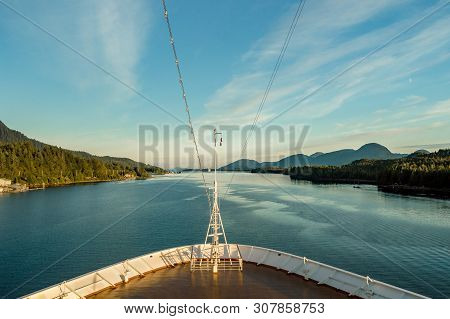 Pointed Bow Of Cruise Ship , Southbound On Ocean Channel, Alaska Inside Passage, In Warm Afternoon S
