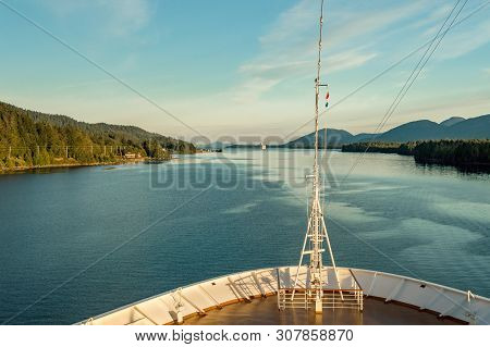 Pointed Bow Of Cruise Ship , Southbound On Ocean Channel, Alaska Inside Passage, In Warm Afternoon S