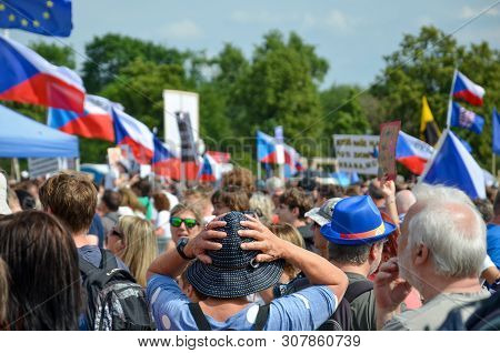Prague, Czech Republic - June 23 2019: Crowd Of People Protests Against Prime Minister Babis And Min