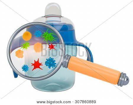 Non-spill Baby Cup With Germs And Bacterias Under Magnifying Glass, 3d Rendering