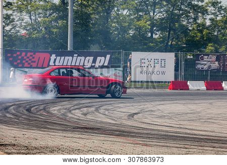 Cracow, Poland - May 18, 2019: Drift Car In Action  At 5th Edition Of Moto Show In Cracow. Poland.