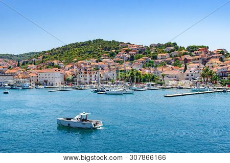 Trogir, Croatia - July 12, 2017: View Of The Port And Embankment From The Fortress Of The City Of Tr
