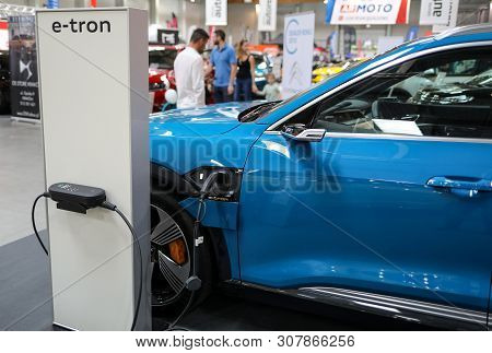 Cracow, Poland - May 18, 2019: Plug-in System Of The Audi E-tron Electric Automobile  Displayed At M