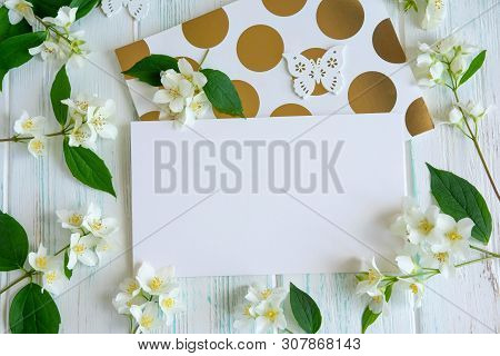 Background For Congratulatory Banner With Jasmine Flowers On Wooden Background. Jasmine Flowers On W