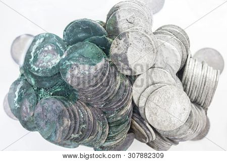 Cartagena, Spain - September 14th, 2018: Recovered Silver Spanish Coins Recovered From Sunken Ship. 
