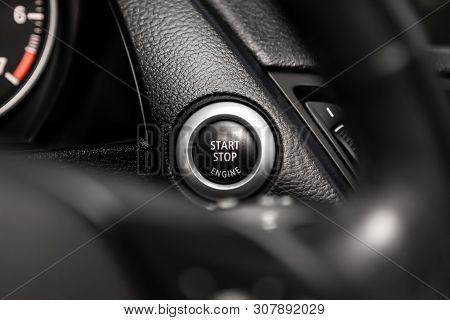 Car Engine Push Start Stop Button Ignition Remote Starter. Car Dashboard:  Black Engine Start Stop B