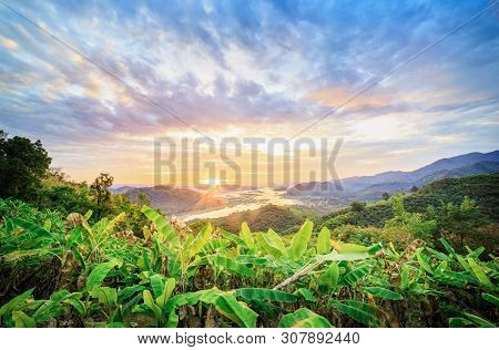Scenic Landscape View In Sunrise In The Morning With Isan Mountain Overlooking The Mekong River Land