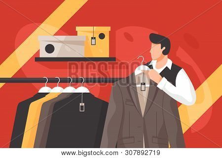 Mens Clothing Store Vector Illustration. Attractive Male In Classy White Shirt Doing Shopping. Trend