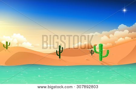 Landscape Of Pond At The Desert In Sunset