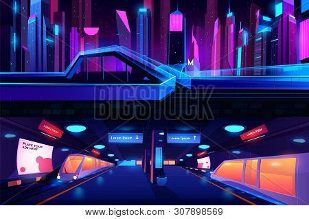 Metro Station Ground And Underground Cross Section View With Train, Empty Subway Platform Interior, 