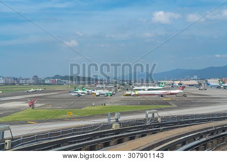 Taipei, Taiwan - June 19, 2019 : Taipei Songshan Airport. View From The Mrt Wenhu Line Compartment