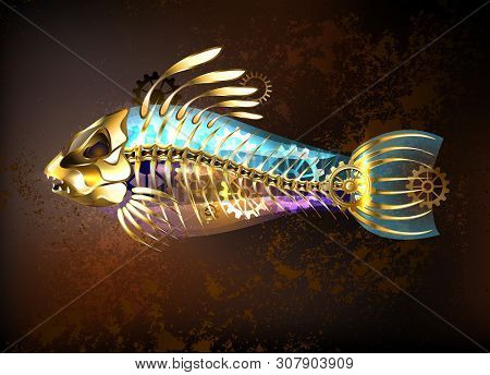 Mechanical, Antique Gold Fish With Skeleton And Gears On A Brown Background. Steampunk Style.