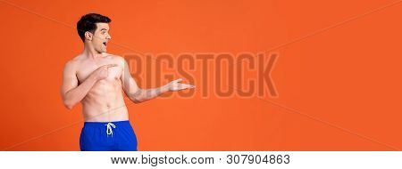 Excited Shirtless Handsome Man With Hand Open On Colorful Orange Banner Background With Copy Space F