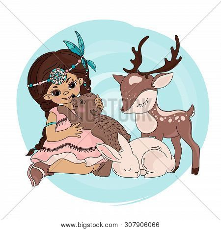 Bear Kiss Pocahontas Indians Princess Animals American Native Pets Vector Illustration Set For Print