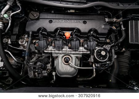 Novosibirsk, Russia - June 18, 2019:  Honda Civic, Close-up Of The Engine, Front View. Internal Comb