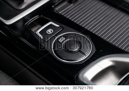 Novosibirsk, Russia - June 18, 2019:  Hyundai I40, Close Up Auto Hold, Parking Systems  Buttons Swit