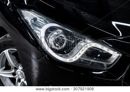 Novosibirsk, Russia - June 18, 2019:  Hyundai I40, Close-up Of The Headlight, Bumper, Wheel. Photogr
