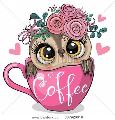 Cute Cartoon Owl Is Sitting In A Cup Of Coffee