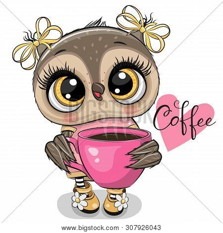 Cute Cartoon Owl With Pink Cup Of Coffee