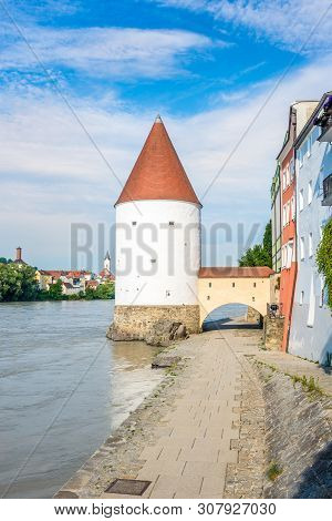 Schaibling Tower At The Bank Of Inn River In Passau, Germany