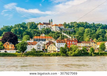 Mariahilfe Church On A Hill Above The River Inn In The Passau, Germany