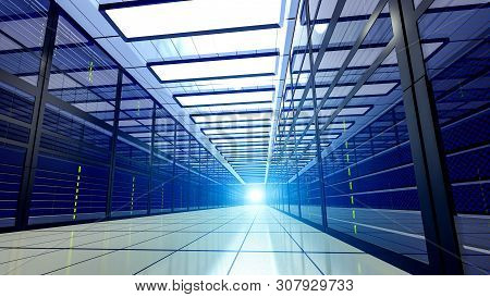 Shot Of Corridor In Large Working Data Center Full Of Rack Servers And Supercomputers. 3d Render