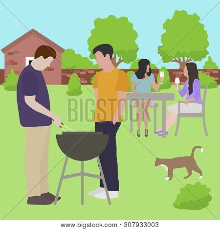 Vector Illustration With People Having Bbq Party In The Backyard. Bbq Party Background. Family, Frie