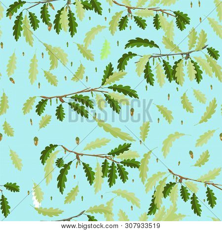 Oak Branches With Leaf And Acorn Seamless Pattern With Light Blue Sky Background